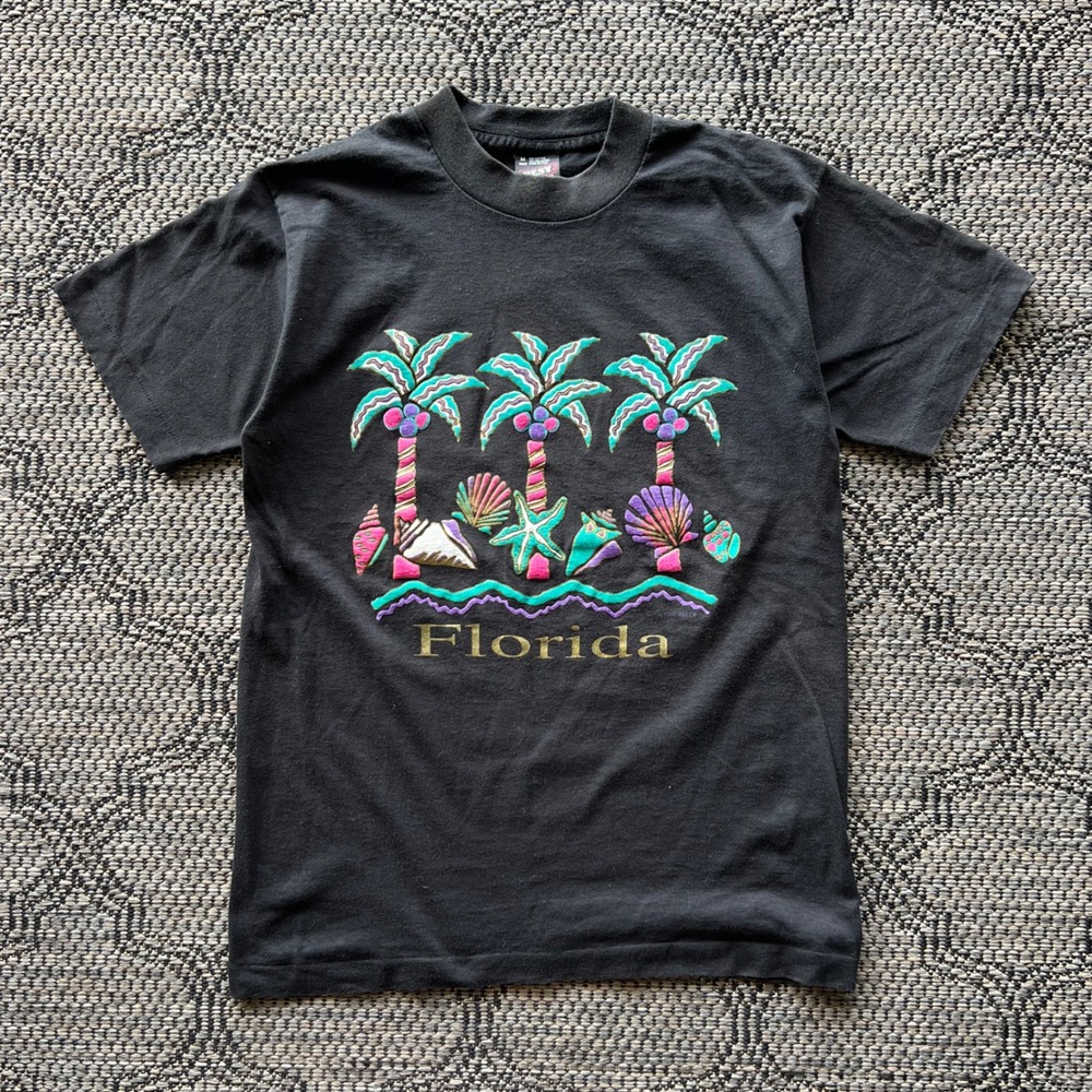 Vintage Florida T-Shirt Mens Medium Black Puff Print Palm Tree Souvenir Seashell